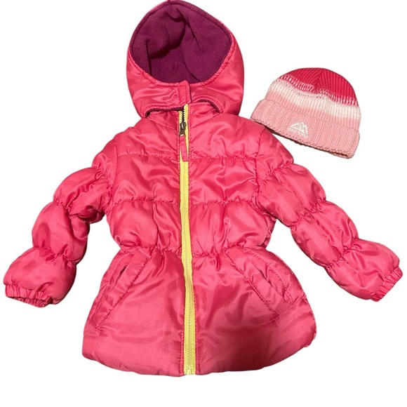 Pink Platinum Girls Pink Hooded Puffer Winter Coat Matching Knit Hat Size 3T - Picture 1 of 6